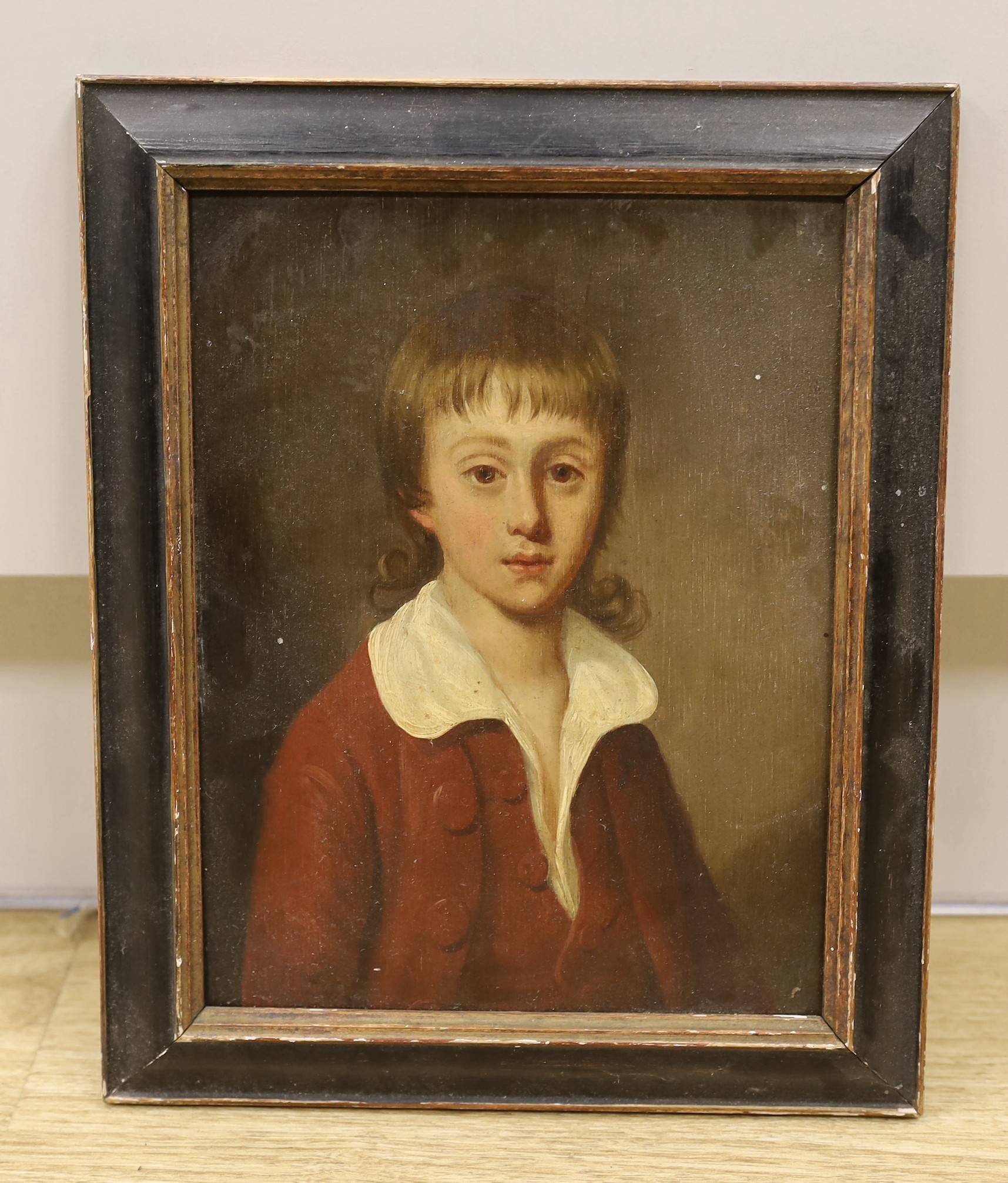 English School c.1800, oil on wooden panel, Portrait of a youth wearing a brown coat, 25 x 19cm